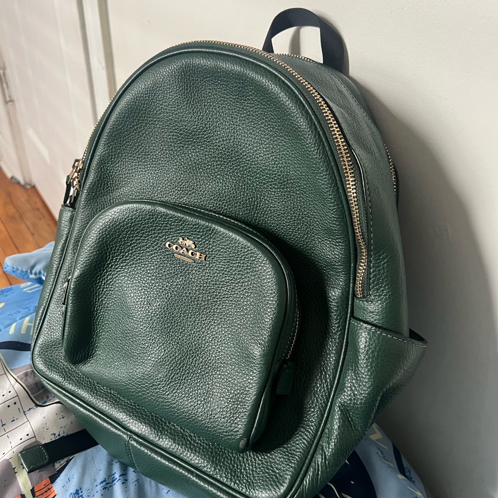 Coach Green Leather Backpack With Silver Zippers